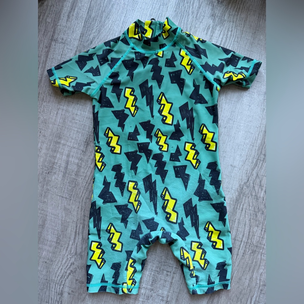 Green and Yellow Lightening Graphic Kids Swim Rashguard